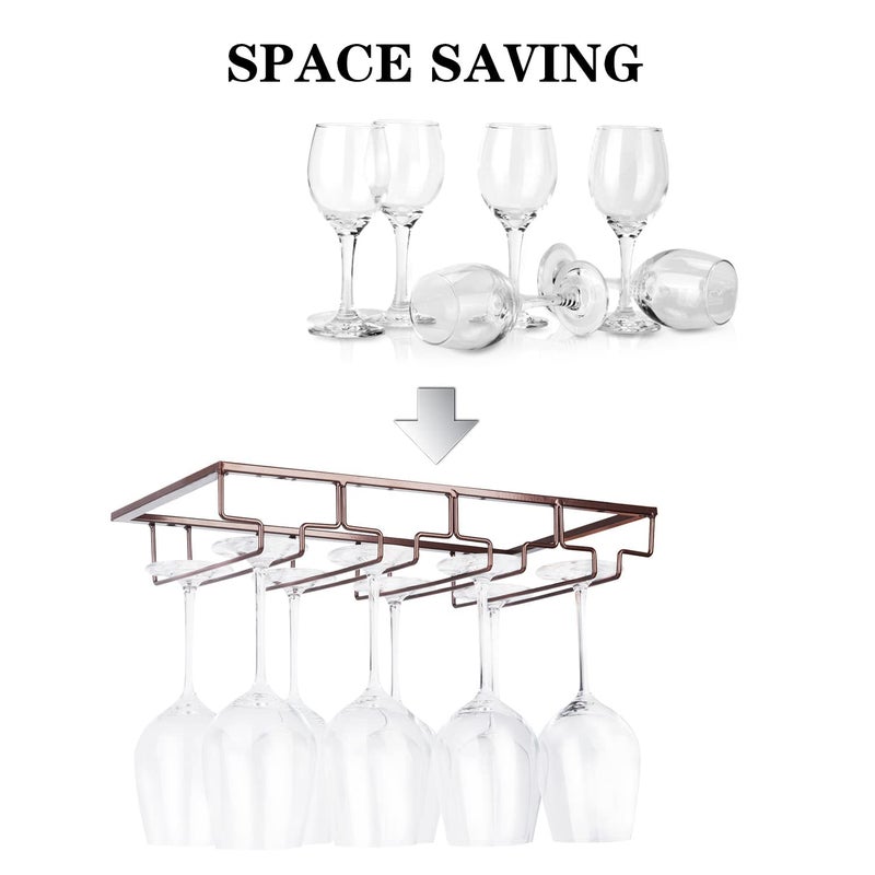 FOMANSH Wine Glass Rack Under Cabinet - Stemware Holder Metal Wine Glass Organizer Glasses Storage Hanger for Bar Kitchen Brown 4 Rows - Image 2